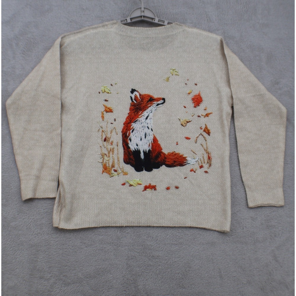 Fox Sweater Womens M Cream Autumn Leaves Woodland Cottagecore Pullover